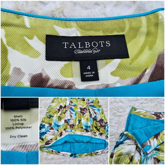 Floral Silk A-Line Skirt Talbots Size 4 Green Blue Brown Pleated Roses Flowers - Picture 4 of 8